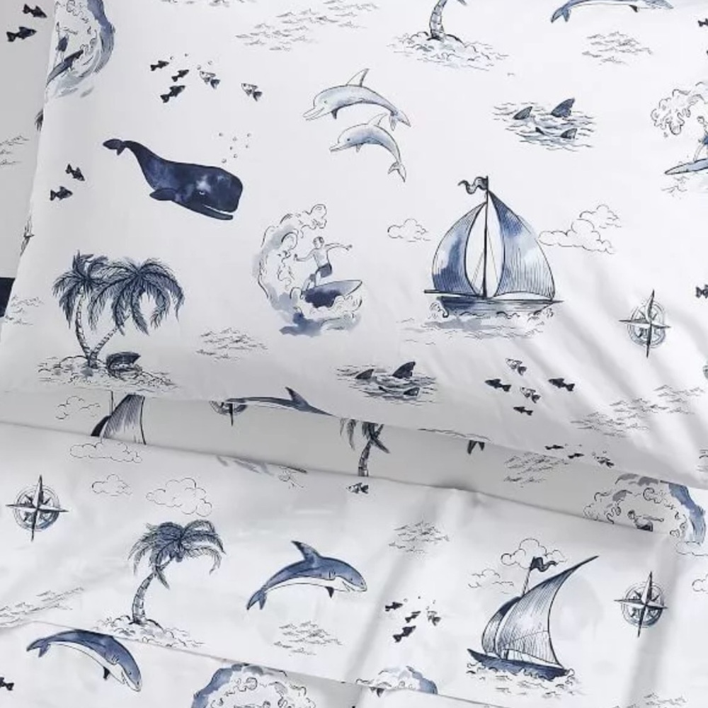 Pottery Barn Kids Surf Vibes Full Top Single Sheet White 100% Cotton Beach